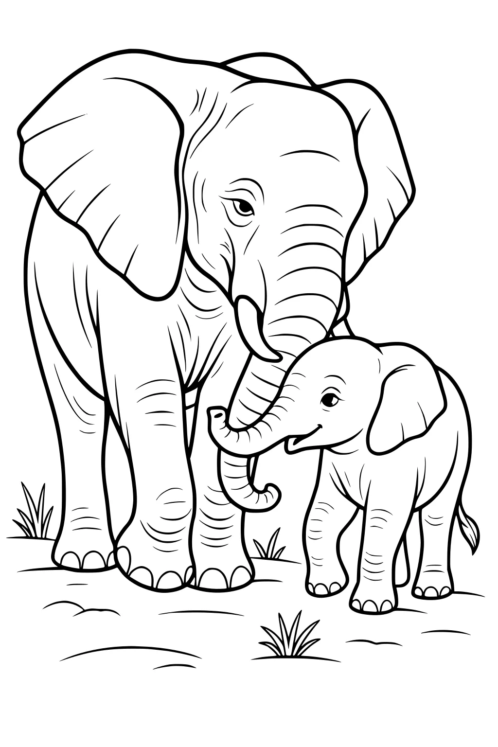 Mother elephant and baby elephant touching trunks, standing on grassy ground.