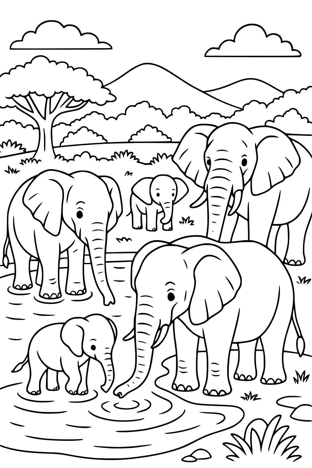 Five elephants, including two calves, standing by a waterhole with a tree, grass, and mountains behind them.
