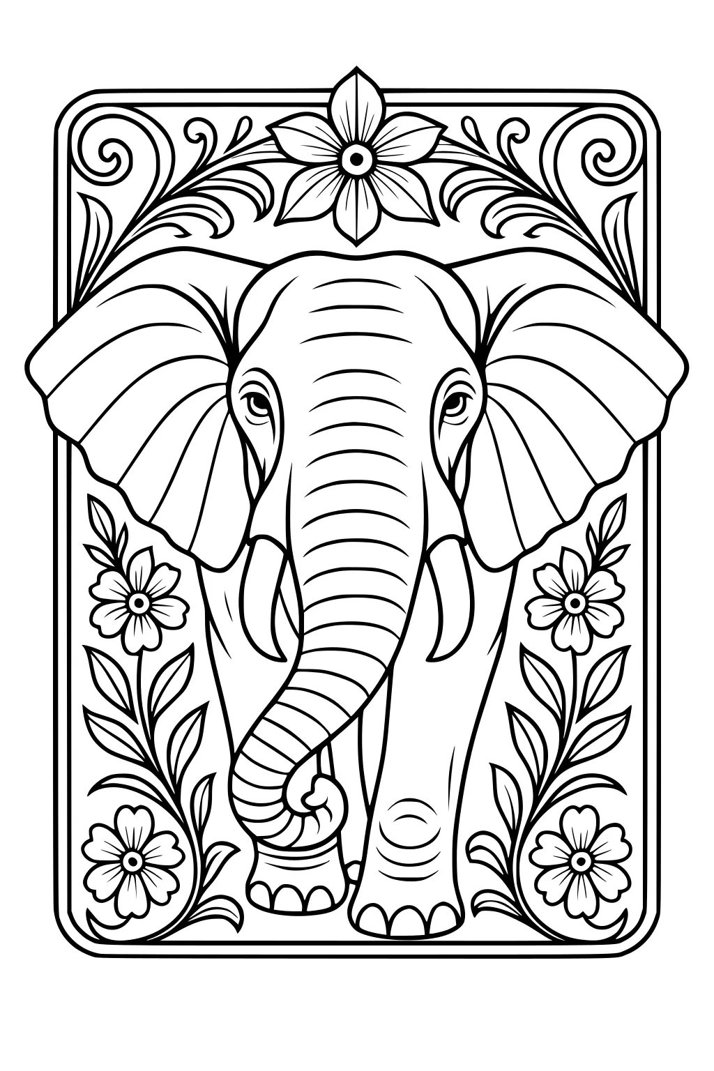 Front view of an elephant with large ears, a curled trunk, and flowers and leaves framing its head and legs.