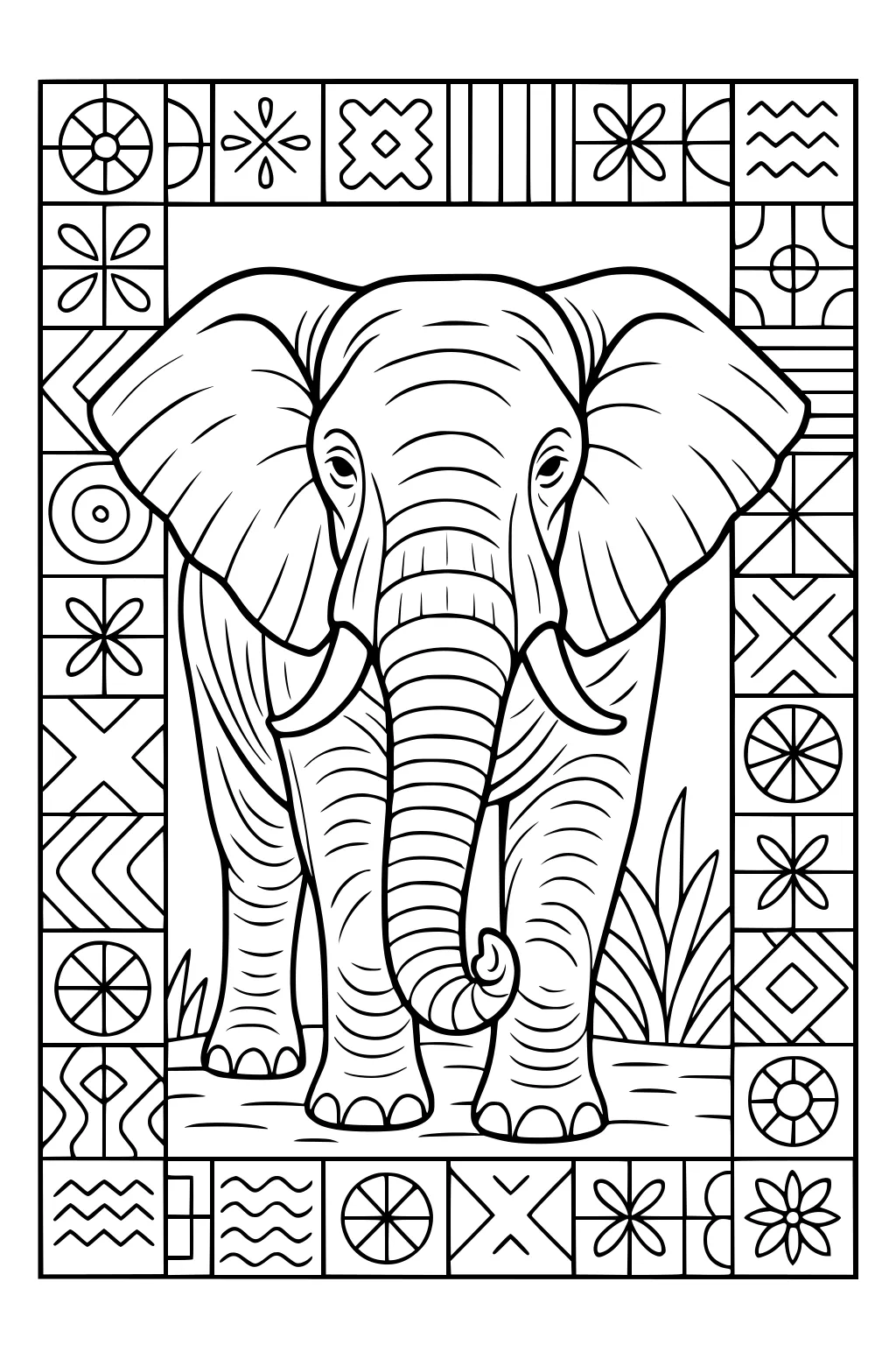 Elephant walking straight ahead with detailed ears and trunk, surrounded by a geometric patterned border.