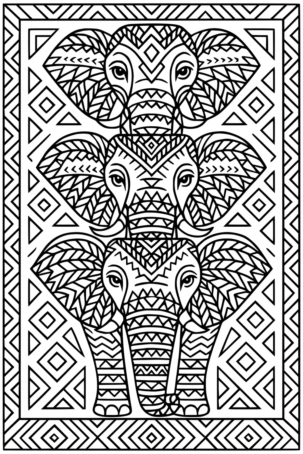 Three elephant heads stacked vertically with patterned ears and trunks surrounded by a border of triangles and diamonds.