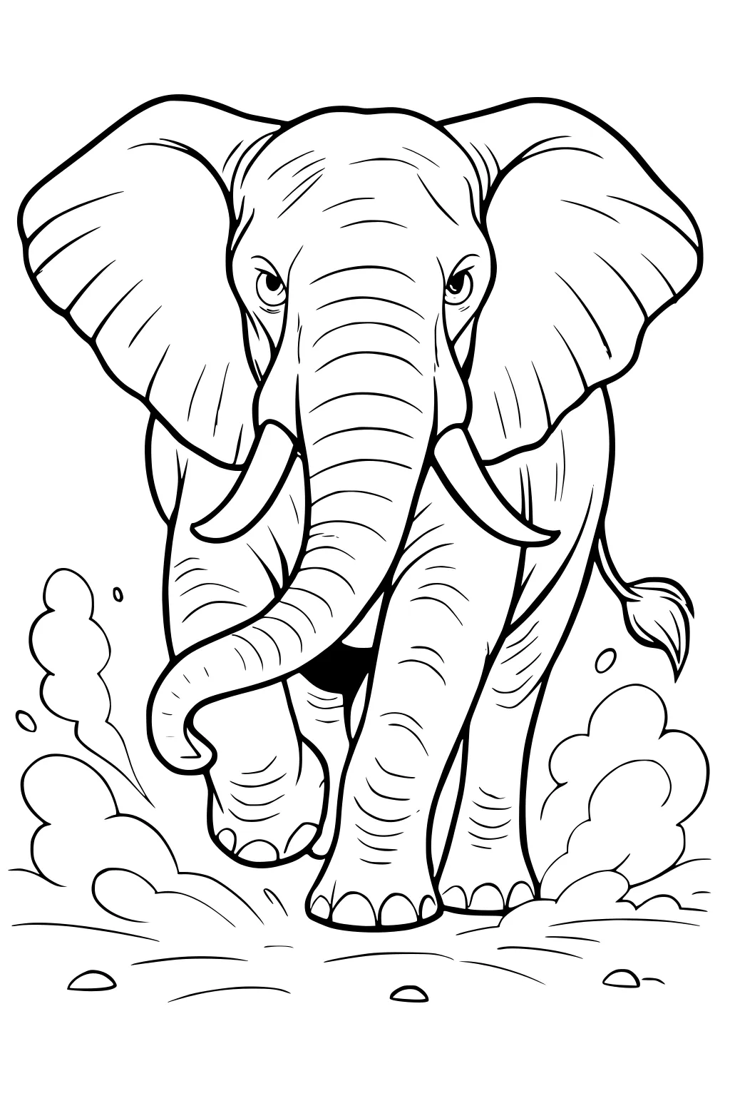 Elephant with large ears and swinging trunk walking forward, kicking up dust clouds with its feet.
