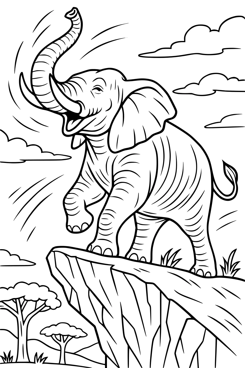 Smiling elephant with raised trunk stands on a cliff with grass, trees, and clouds in the background.