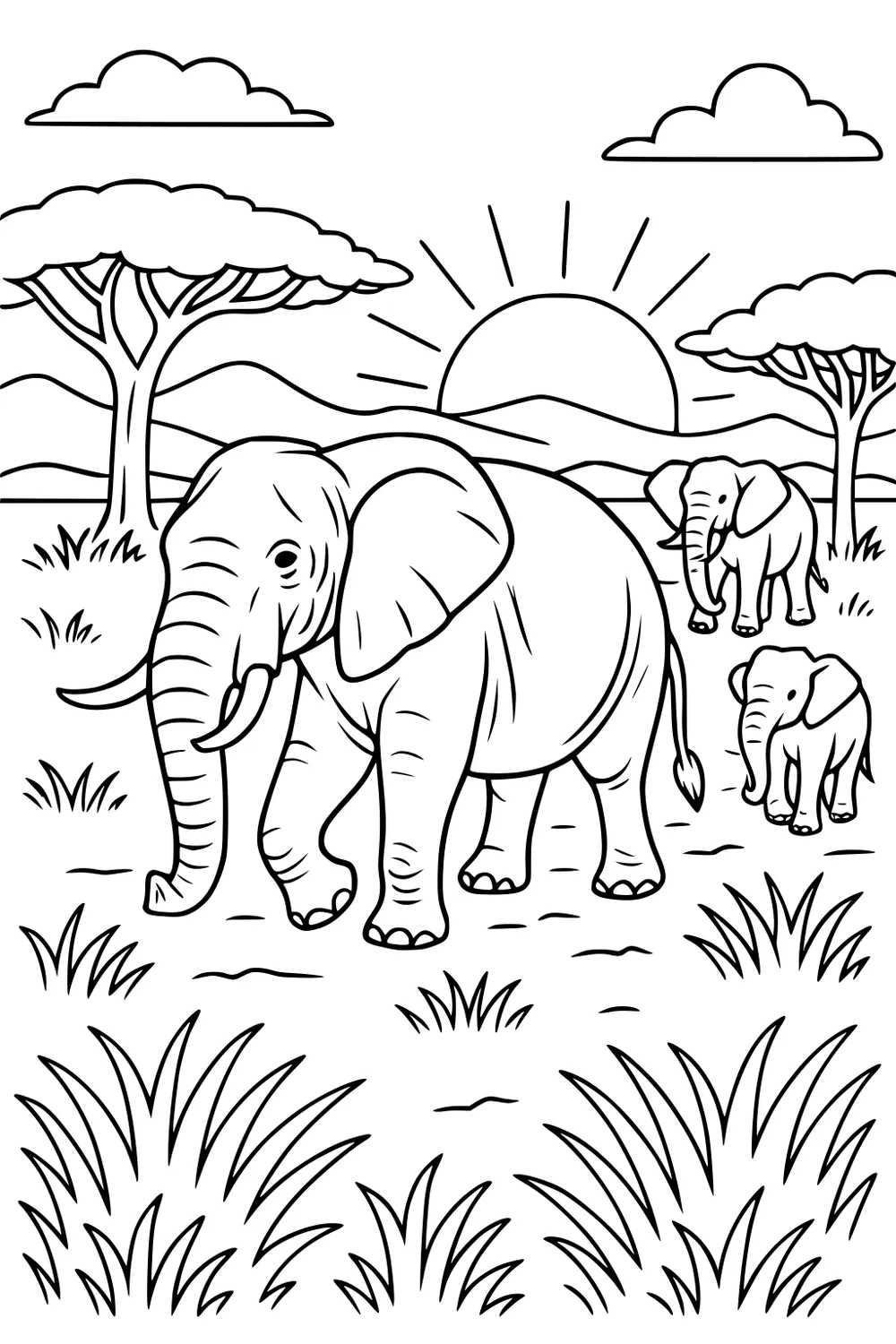 Three elephants walking through tall grass under a rising sun, with trees, mountains, and puffy clouds in the background.