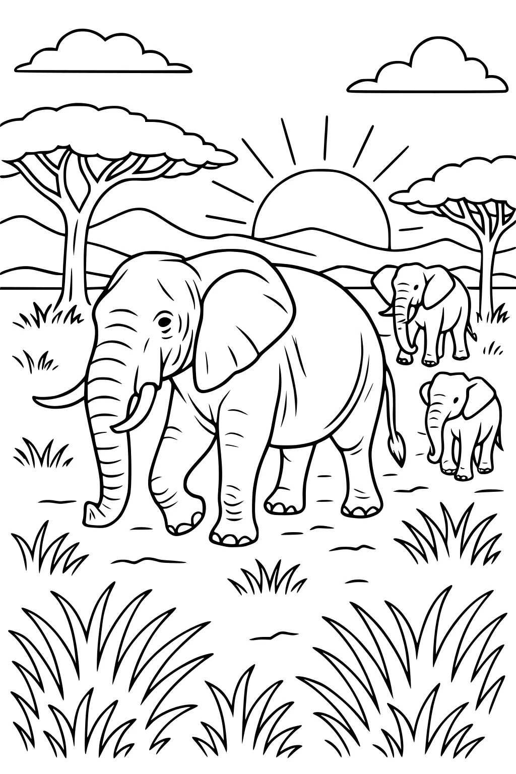 Three elephants walking through tall grass under a rising sun, with trees, mountains, and puffy clouds in the background.