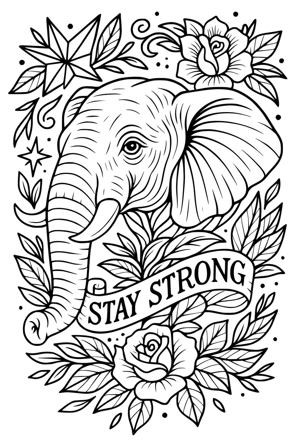 Elephant head with curled trunk, large ear, roses, leaves, stars, and STAY STRONG banner in black outlines.