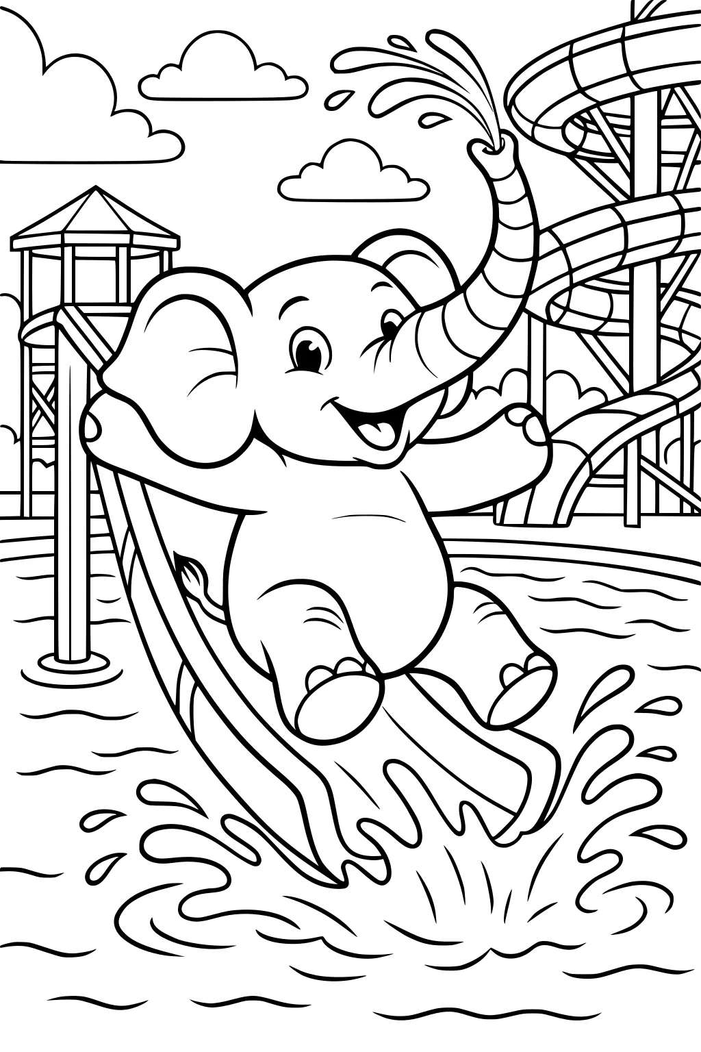 Baby elephant going down a waterslide, spraying water from its trunk with water splashes, slides, and towers in the background.