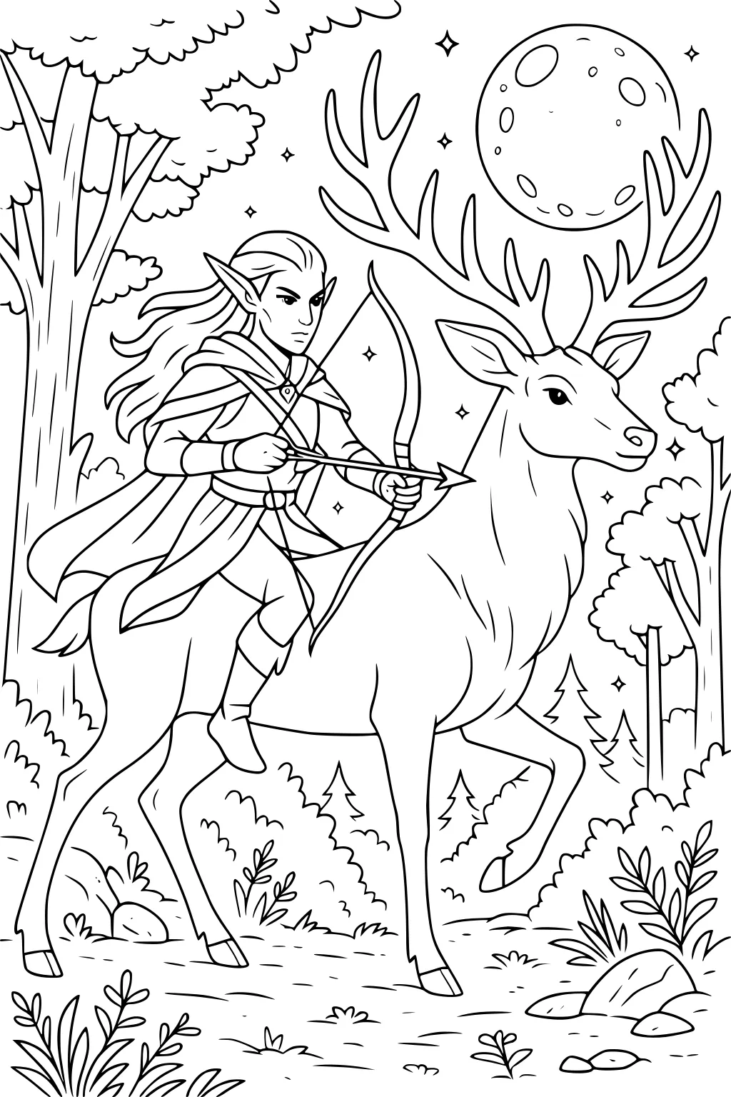 Elf boy archer rides a stag under a full moon in a forest, bow drawn, flowing cloak, tall antlers, trees, stars, and rocks.