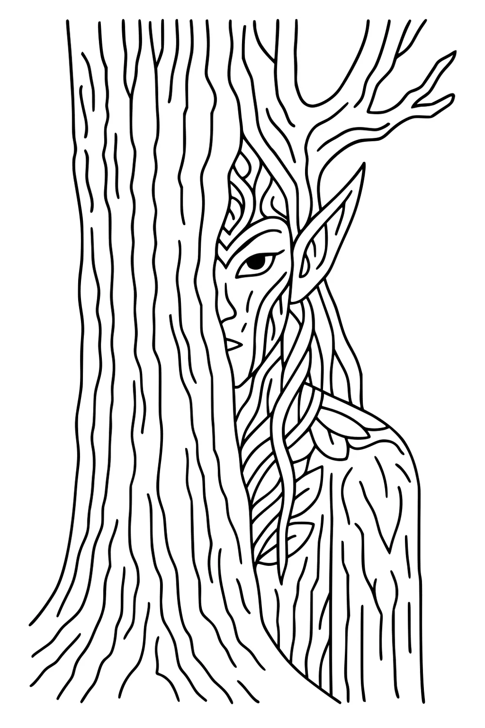 Wood elf girl with antler-like branches peeks from behind a tree; one eye visible, vine hair and leaf patterns on her body.