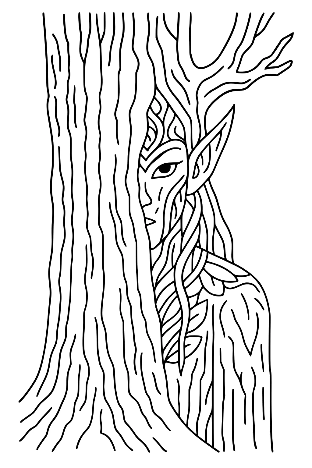 Wood elf girl with antler-like branches peeks from behind a tree; one eye visible, vine hair and leaf patterns on her body.