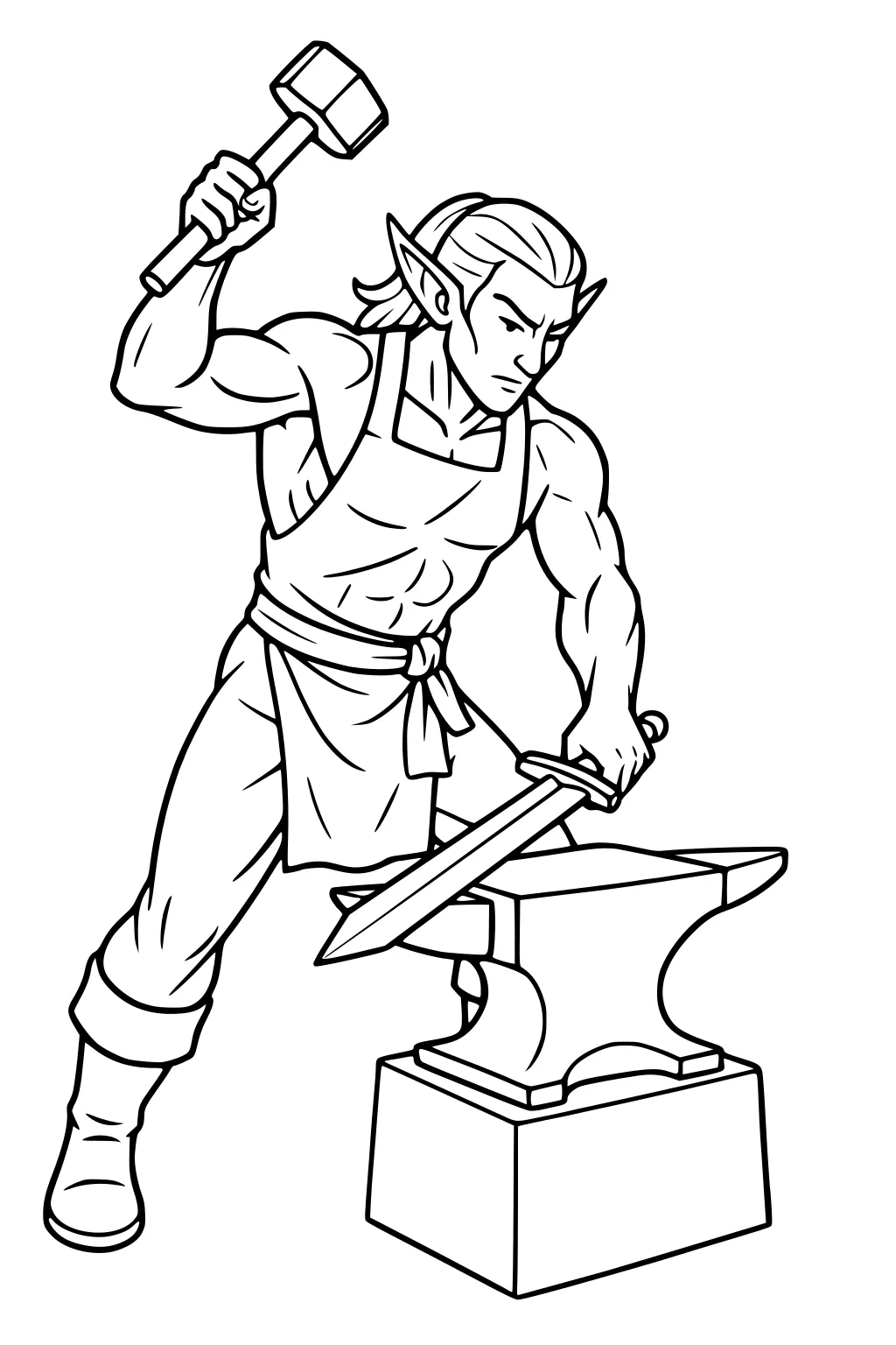 Elf blacksmith raises hammer to forge a sword on an anvil, wearing an apron and boots with long hair and pointed ears.