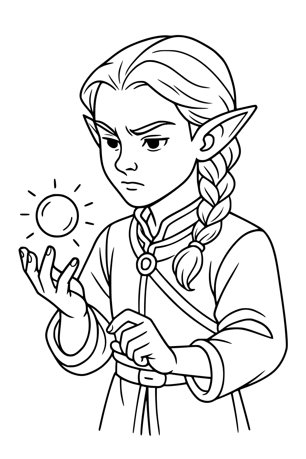 Boy elf with braided hair conjures glowing orb above hand, wearing belted robe and clasp, pointed ears, focused face, line art.