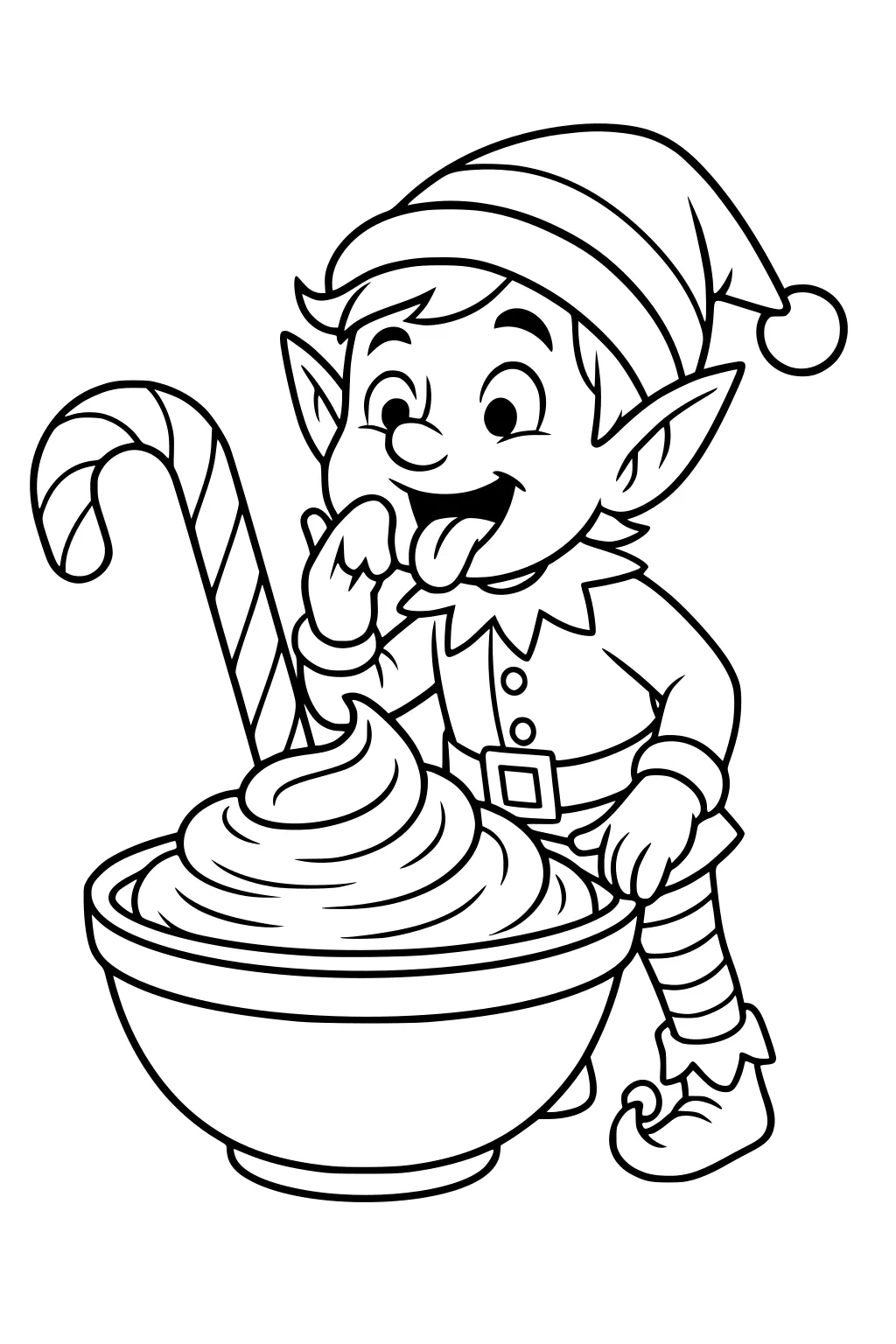 Boy elf licking frosting from a big bowl, candy cane leaning nearby, wearing striped hat, striped tights, and curled shoes.
