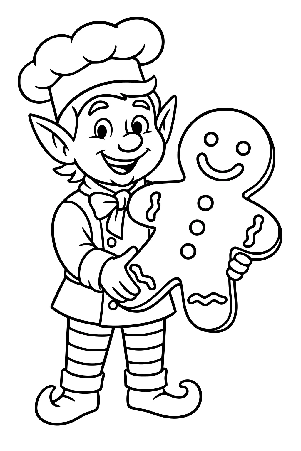 Smiling elf baker with chef hat holding a giant gingerbread cookie with icing squiggles, striped leggings, and curled shoes.