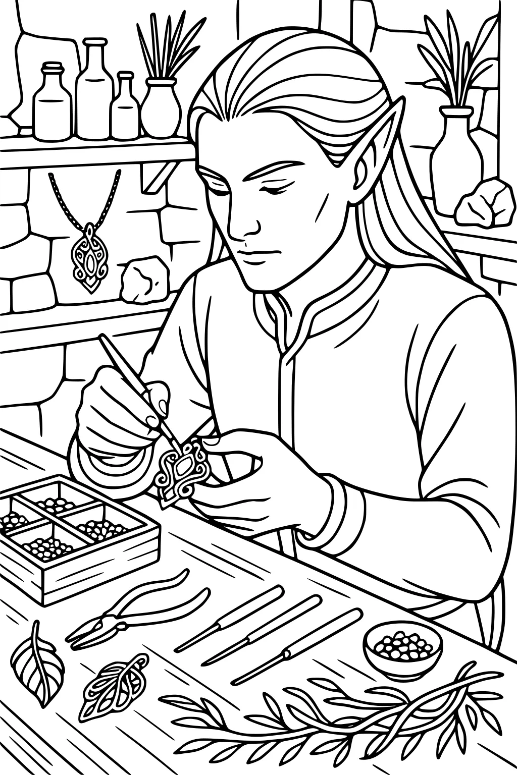 Elf jeweler crafting a pendant at a wooden table with tools, beads, leaf charms, and bottles on stone shelves in a workshop.