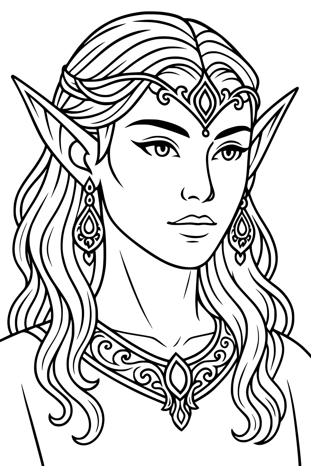 Line art portrait of an elf princess with pointed ears, wavy hair, jeweled tiara, matching earrings, and an ornate collar.