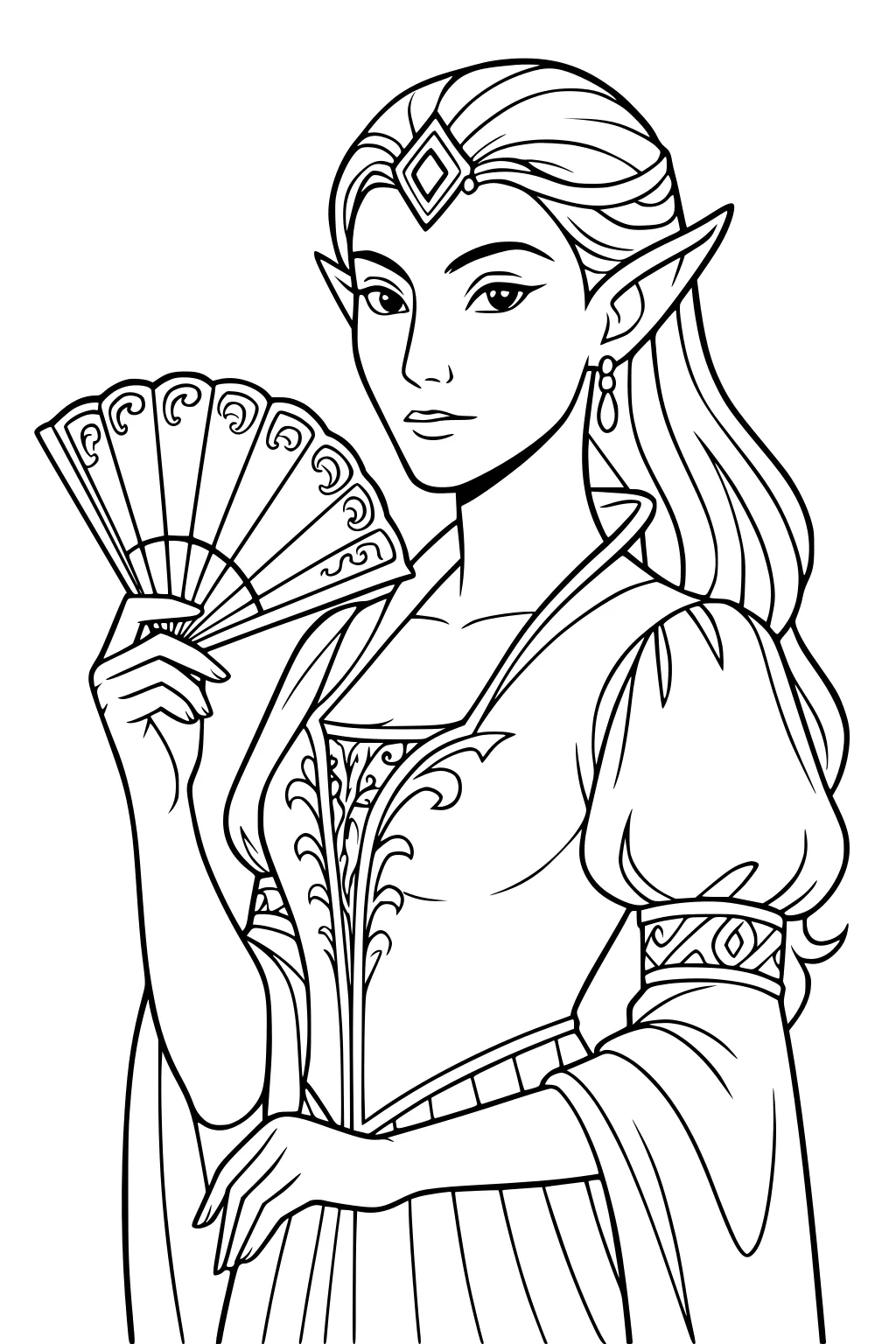 Elf princess with folding fan, jeweled tiara, long hair, pointed ears, and patterned gown in clean line art.