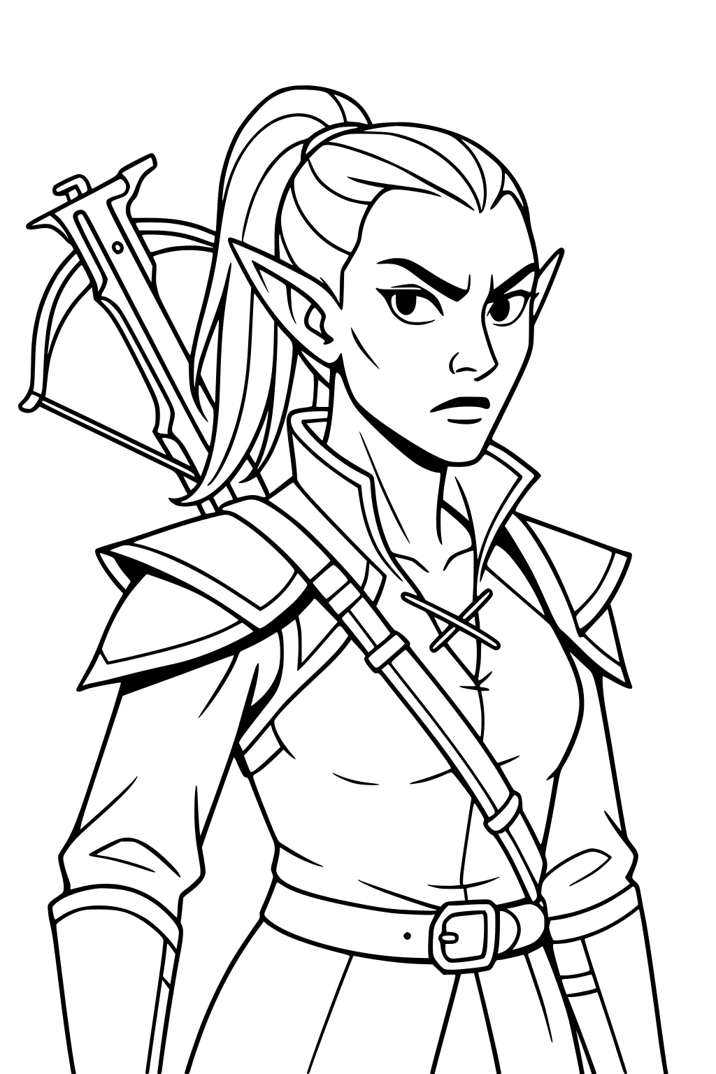 Elf ranger girl with ponytail, pointed ears, armor and crossbow on her back, waist-up portrait, line art.