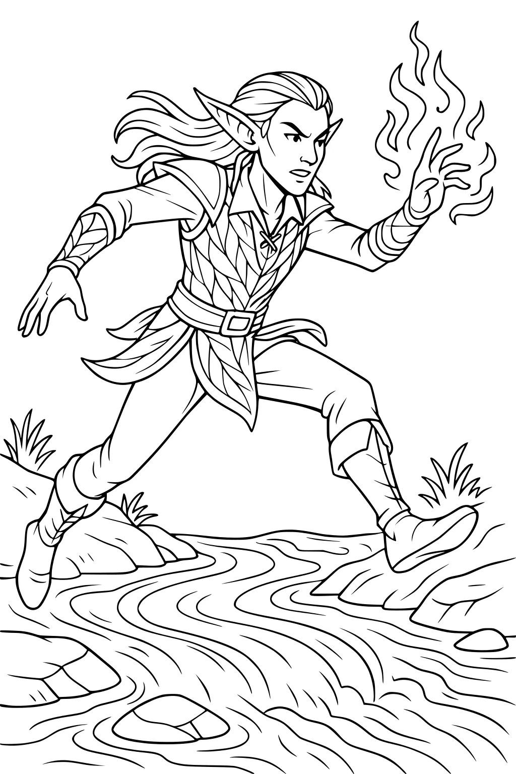 Elf boy jumps over a rocky stream, hair flying, pointed ears showing, casting a swirling fire spell from his raised hand.