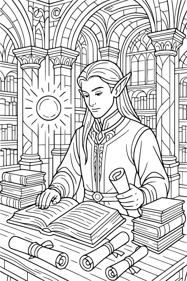 Elf Scholar in the Sunlit Library