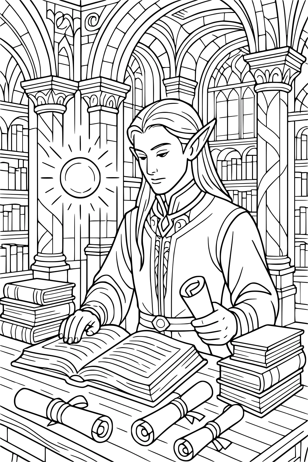 Male elf with long hair reading an open book and holding a scroll at a wooden table in a grand arched library with stacks of books.