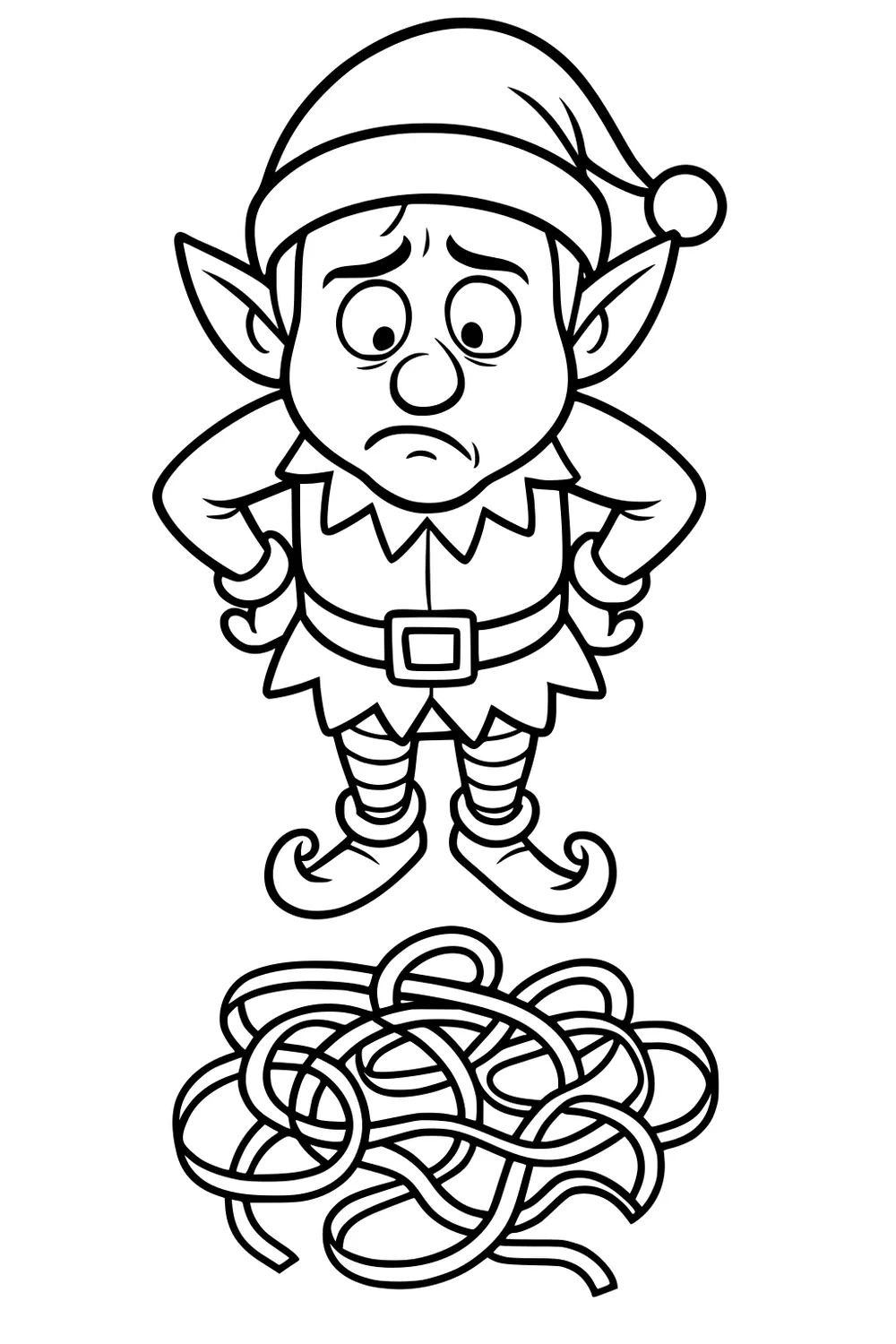 Worried boy elf in hat, belt, and curled shoes stands hands-on-hips, staring at a messy tangle of long ribbons on the floor.