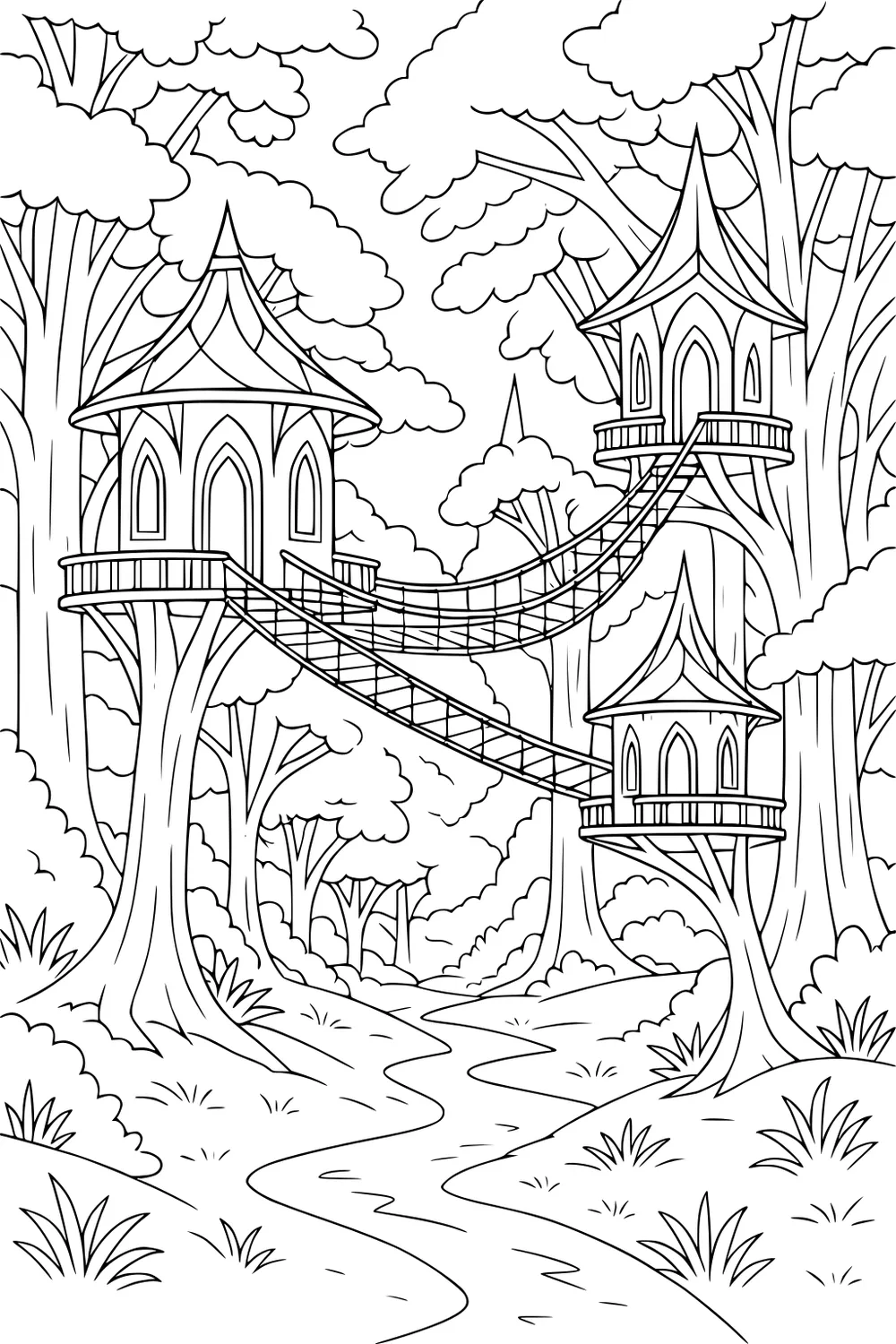 Elf treehouses with spires and arched doors, linked by rope bridges above a winding forest path among tall trees.