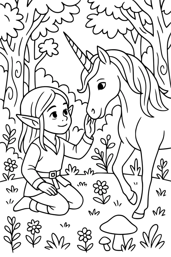 Elf Girl and Gentle Unicorn