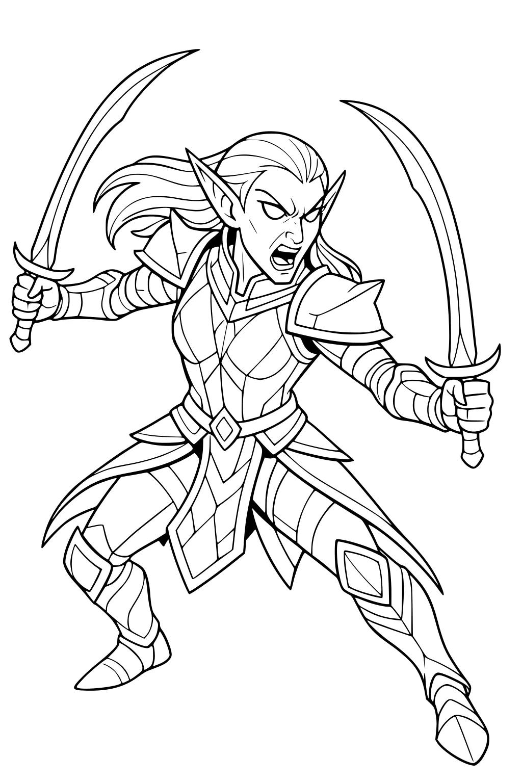Elf girl warrior in armor, shouting, legs apart, hair flowing, holding two curved swords in a dynamic battle-ready pose.
