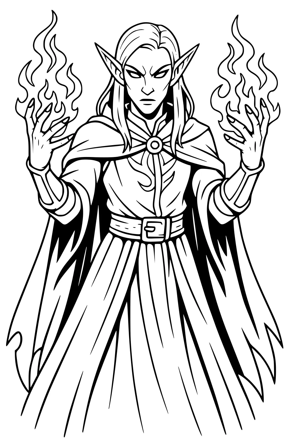 Line art of a male elf wizard with pointy ears, long hair, flowing robe and cape, holding swirling flames in both raised hands.