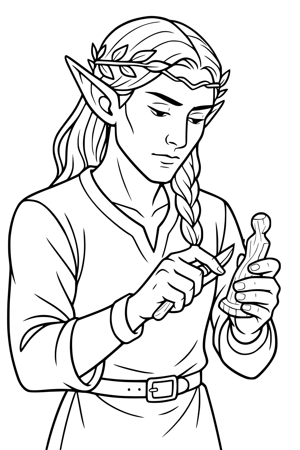 Elf boy carving a wooden figurine, leaf crown and belted tunic, long braided hair, pointed ears, calm focused face.