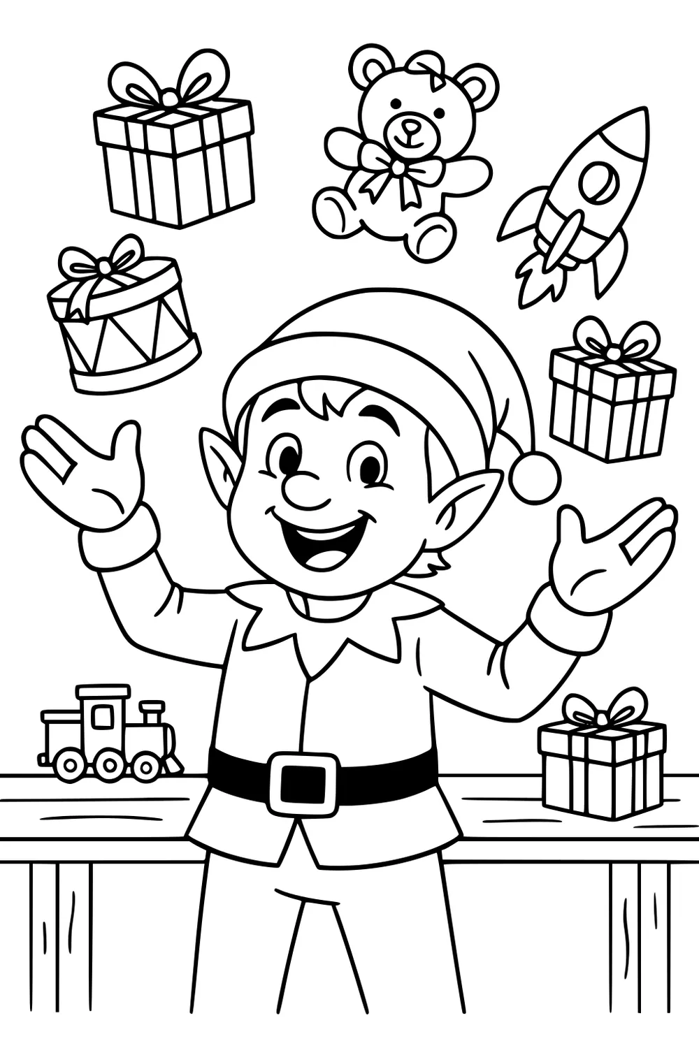 Smiling boy elf in Santa hat with gifts, drum, teddy bear, rocket, and toy train on table; wrapped presents float around.