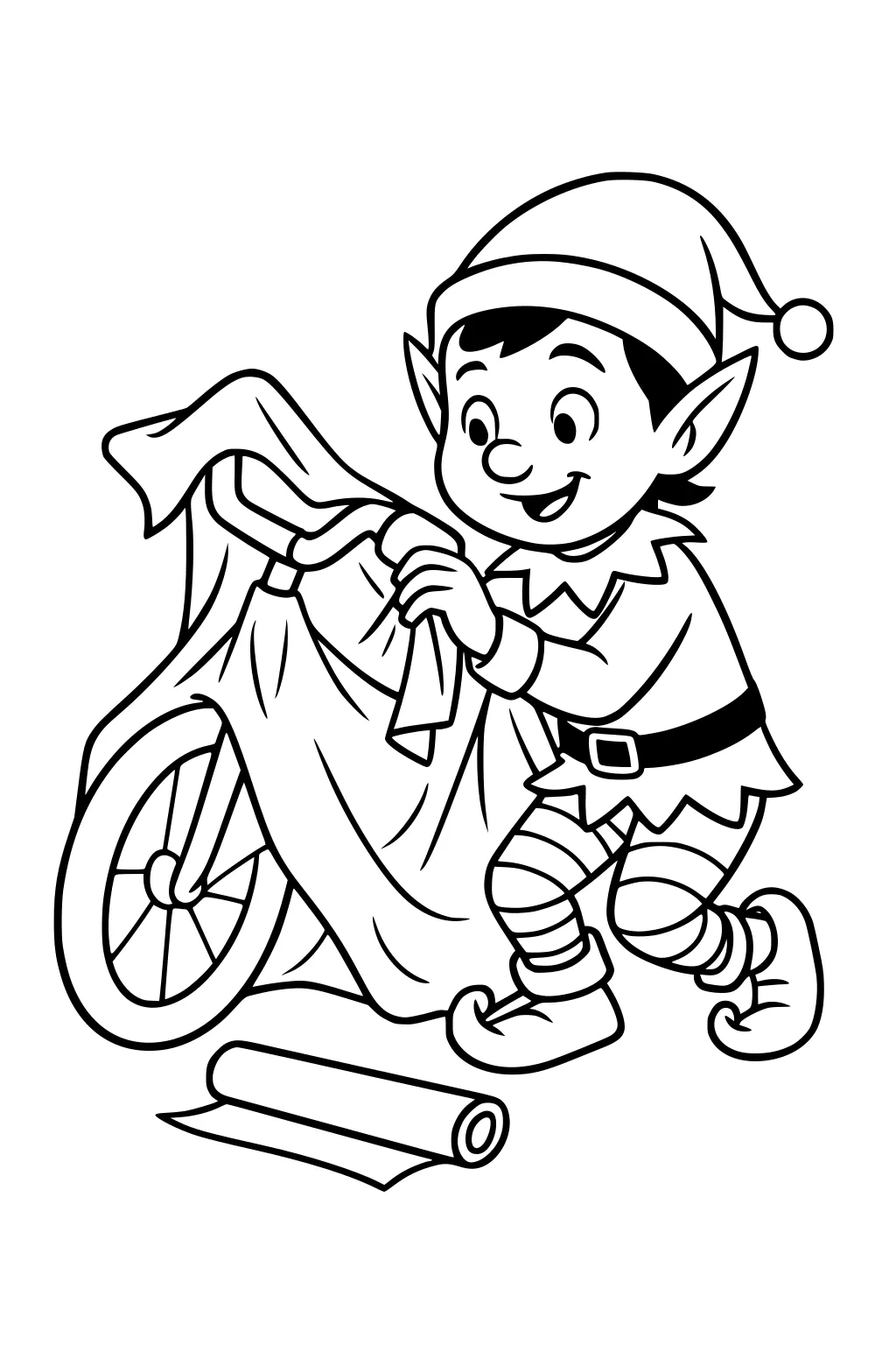 Smiling Christmas elf boy wraps a bicycle with a sheet; one wheel shows; paper roll on floor; striped leggings, hat, curled boots.