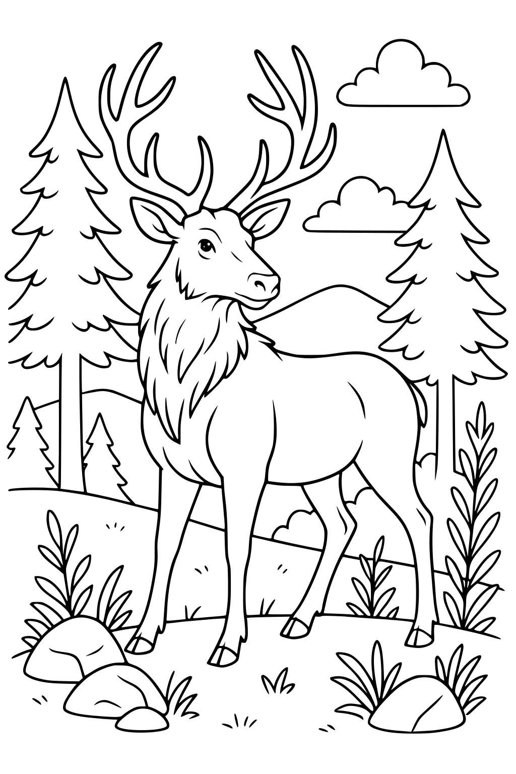 Elk with large antlers stands in a forest clearing surrounded by pine trees, grass, bushes, rocks, hills, and clouds.