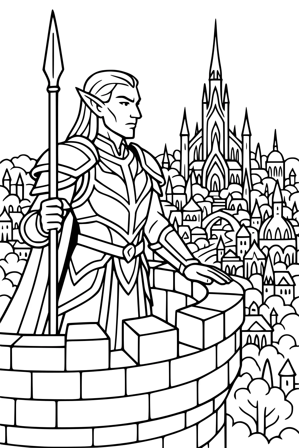 Elf knight with spear on stone tower overlooking elven city with tall spire, domes, rooftops, trees, and a long cape.