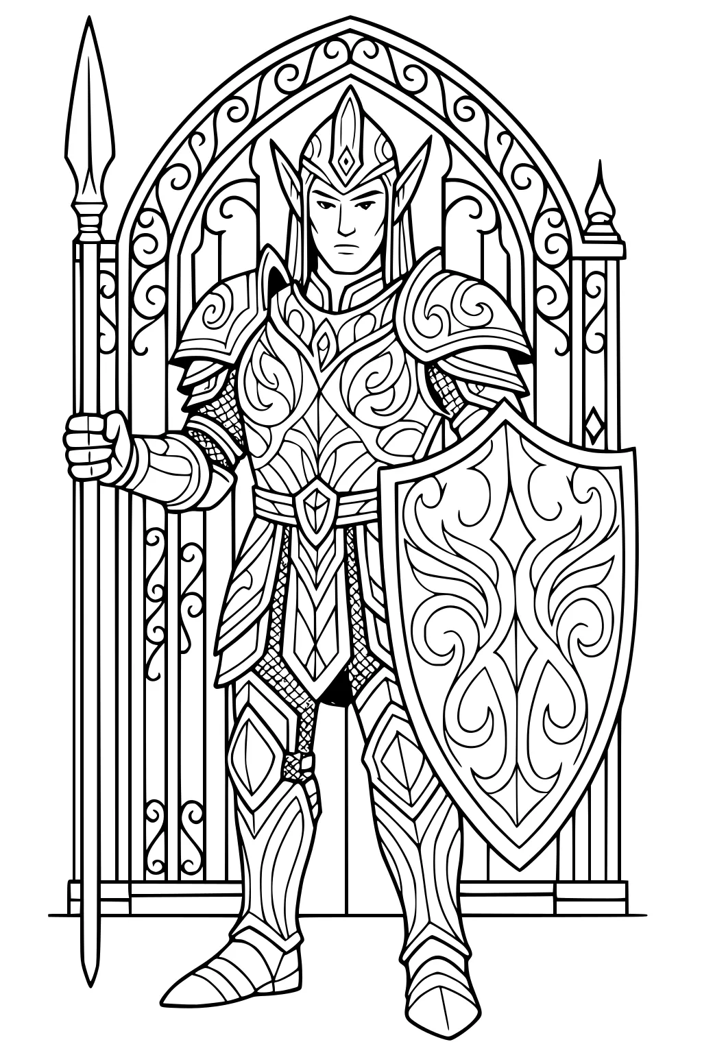 Male elf warrior in ornate armor holds a spear and large patterned shield before a swirled arched iron gate.