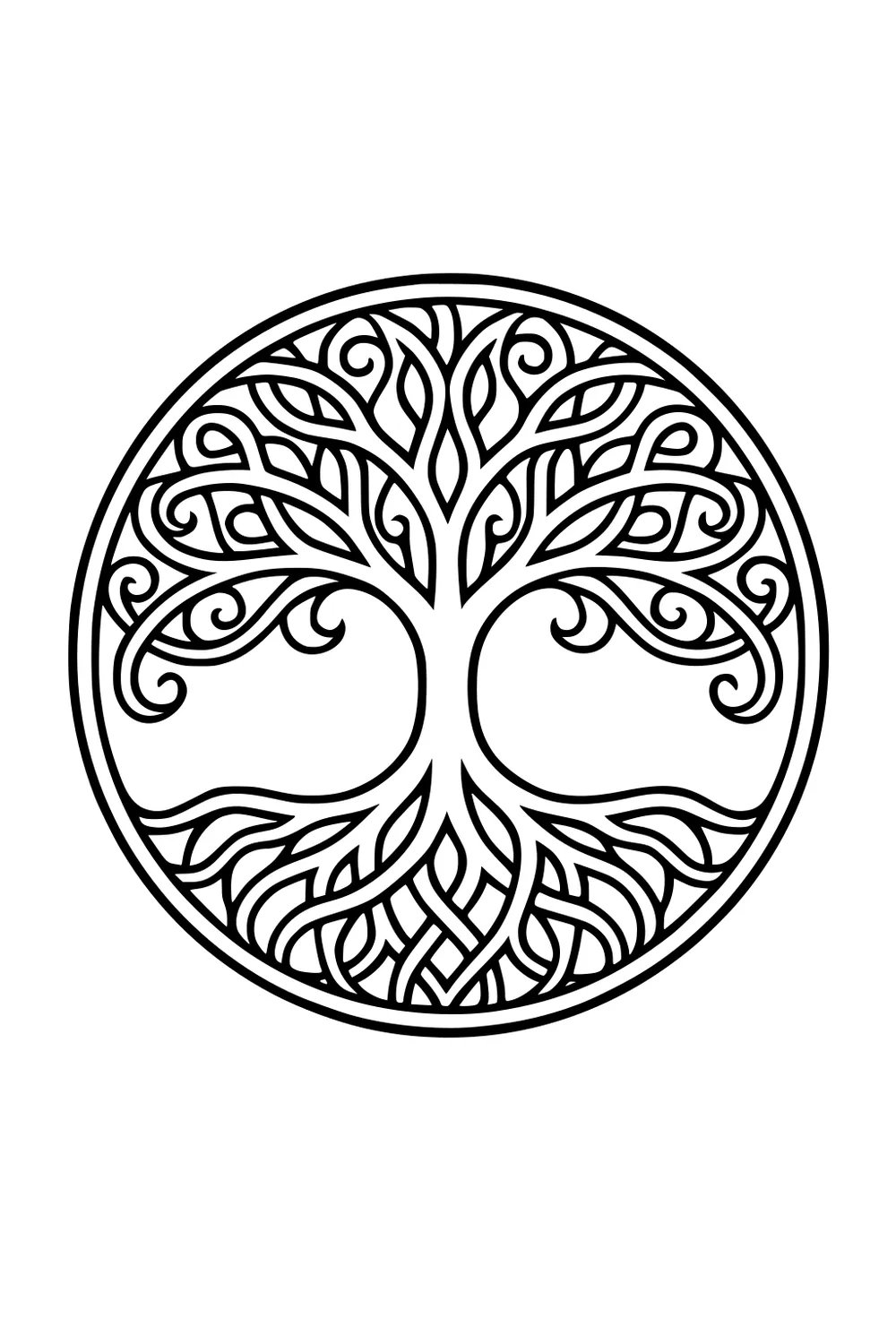 Circular emblem of a stylized tree with swirling branches and braided roots inside a ring, bold black outlines, no background.