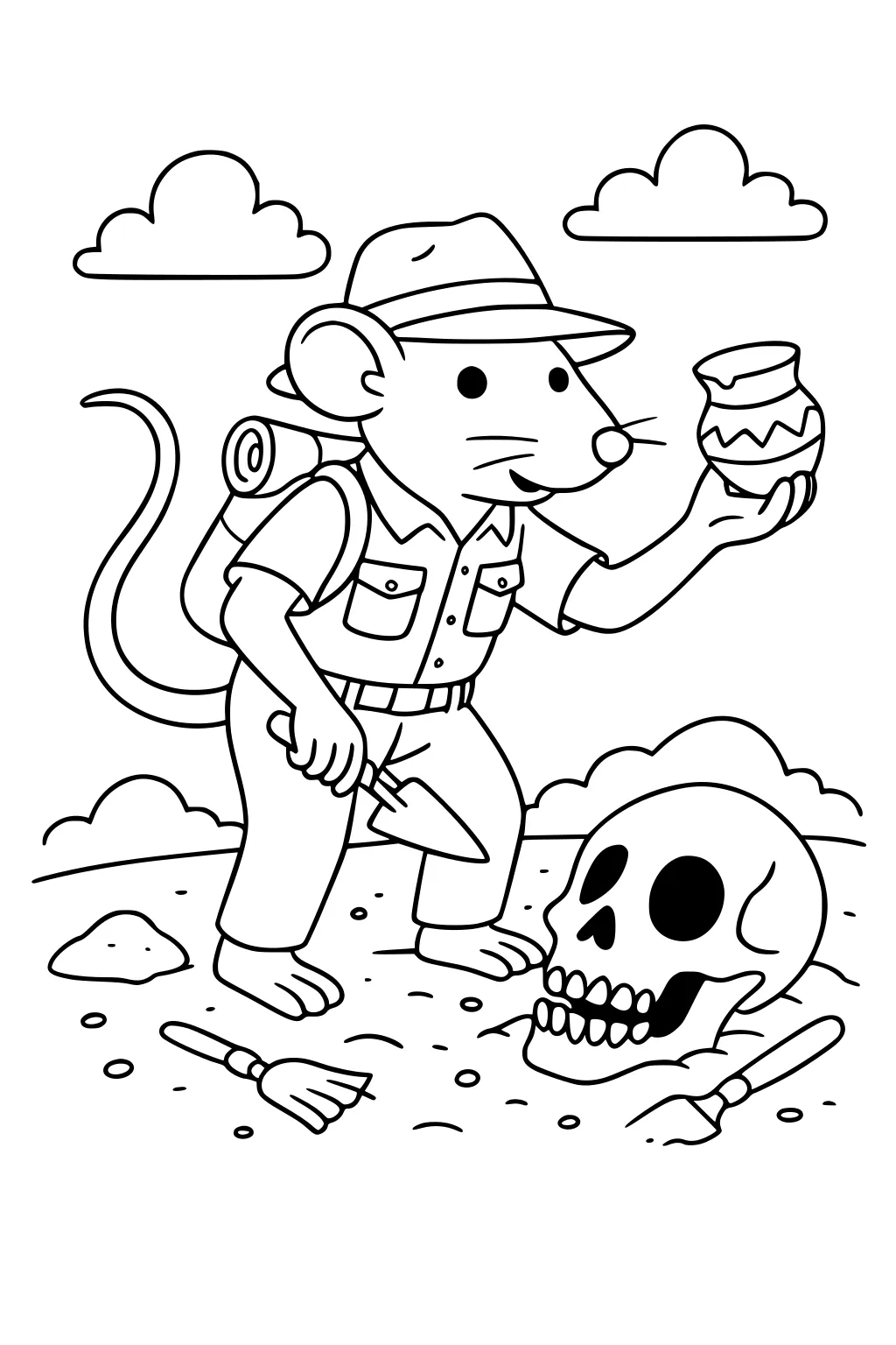 Rat explorer with hat and backpack holding pottery near a skull and dig tools at an archaeological site with clouds overhead.
