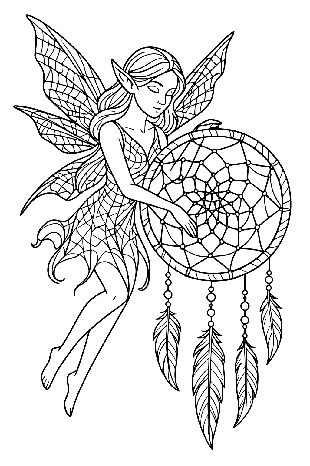 Fairy girl with veined wings touches a large dreamcatcher with beaded strings and four feathers, floating with long hair.