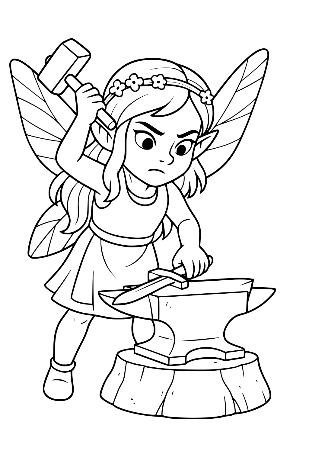 Fairy girl forging a small sword on an anvil atop a stump, striped wings spread, flower crown, hammer raised, focused face.