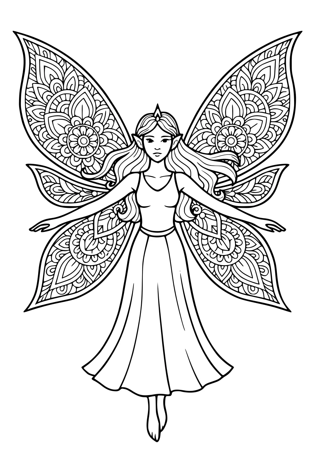 Fairy girl with long hair, tiara, pointed ears, and large mandala wings, floating with arms out and a long flowing dress.
