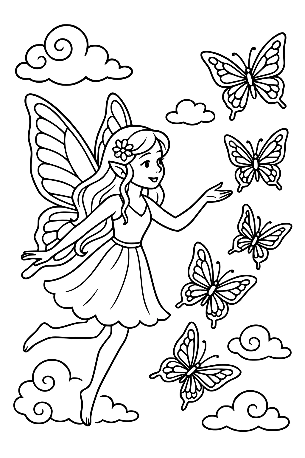 Fairy girl with large wings and flower in hair flying among swirly clouds, reaching toward five butterflies.