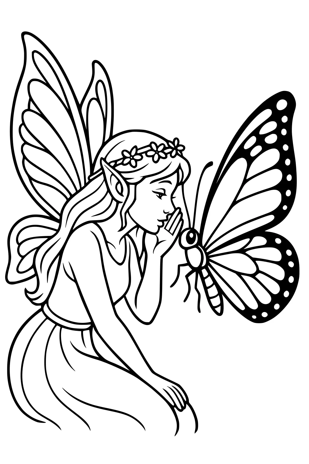 Fairy girl with flower crown whispers to a large butterfly, cupping her hand, with big patterned wings and a long dress.