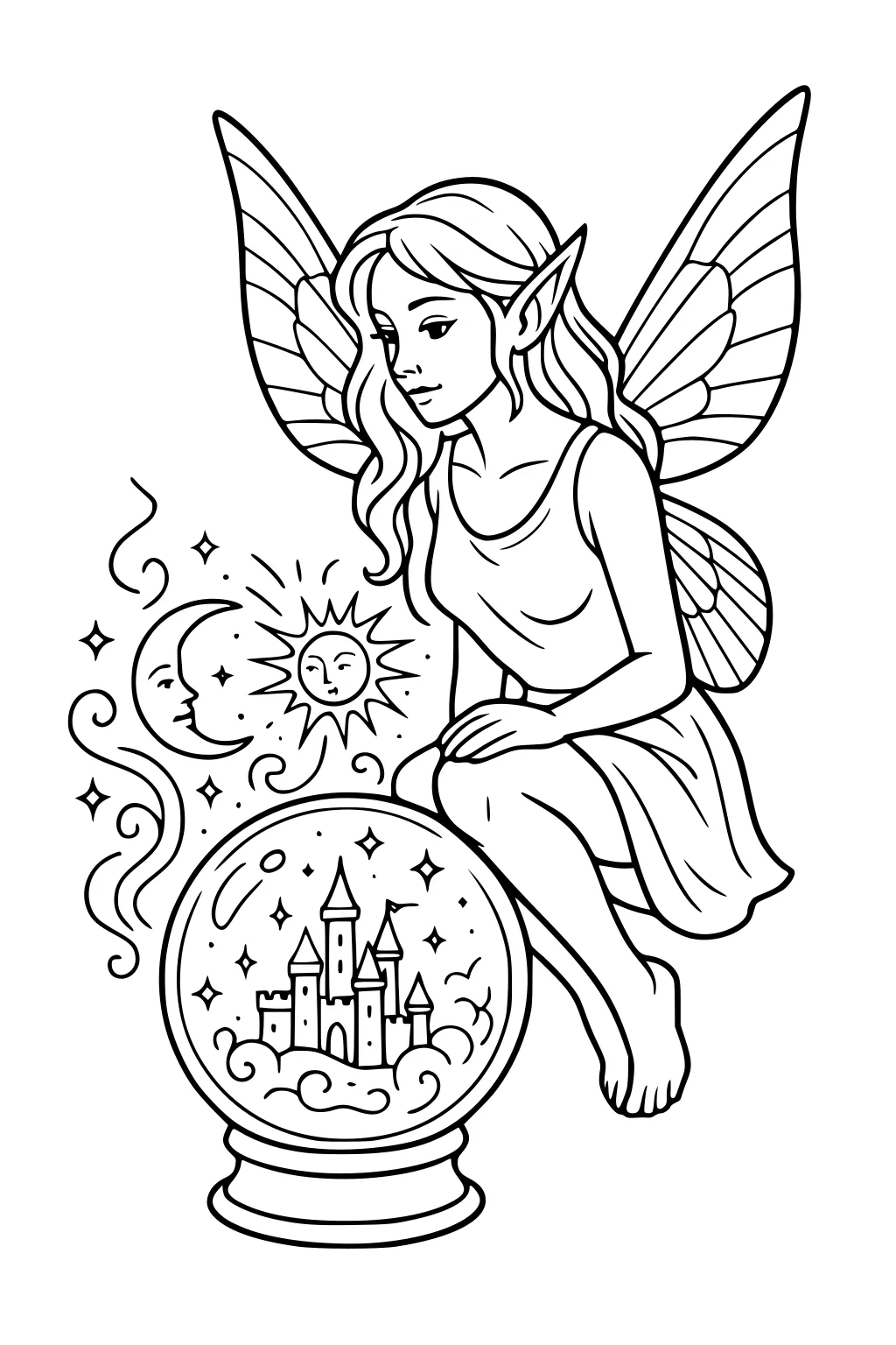 Fairy girl with wings kneels by a crystal ball showing a castle on clouds, with sun, moon, stars, and swirling lines around.