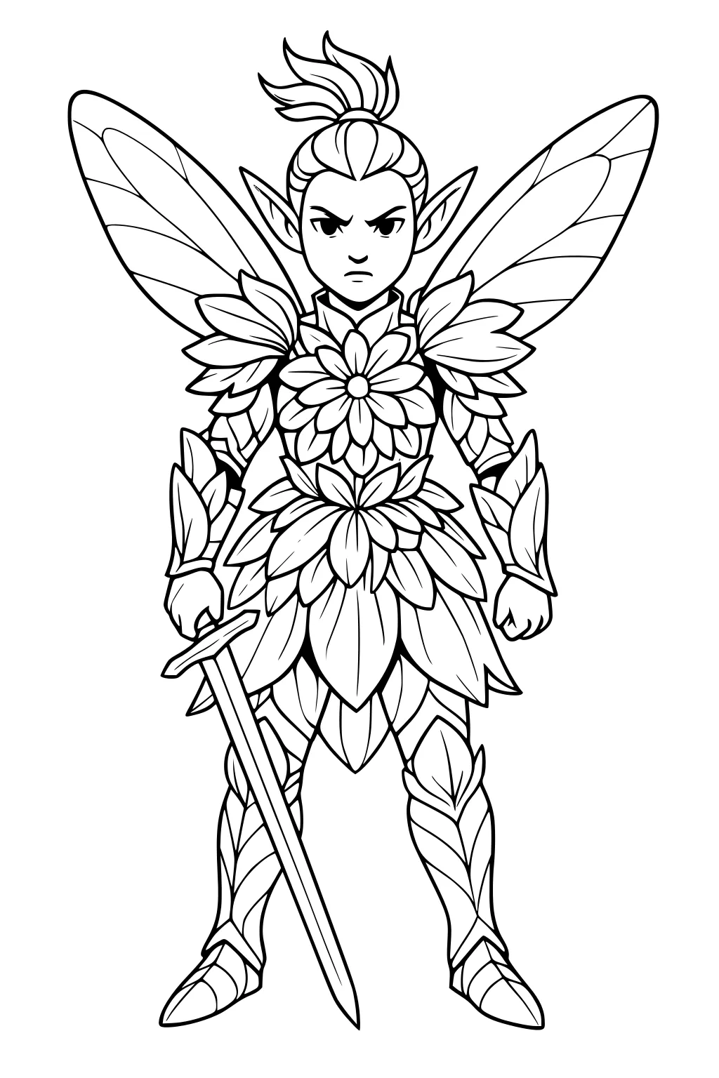 Fairy girl in layered flower-and-leaf armor with large veined wings, holding a sword, front view.