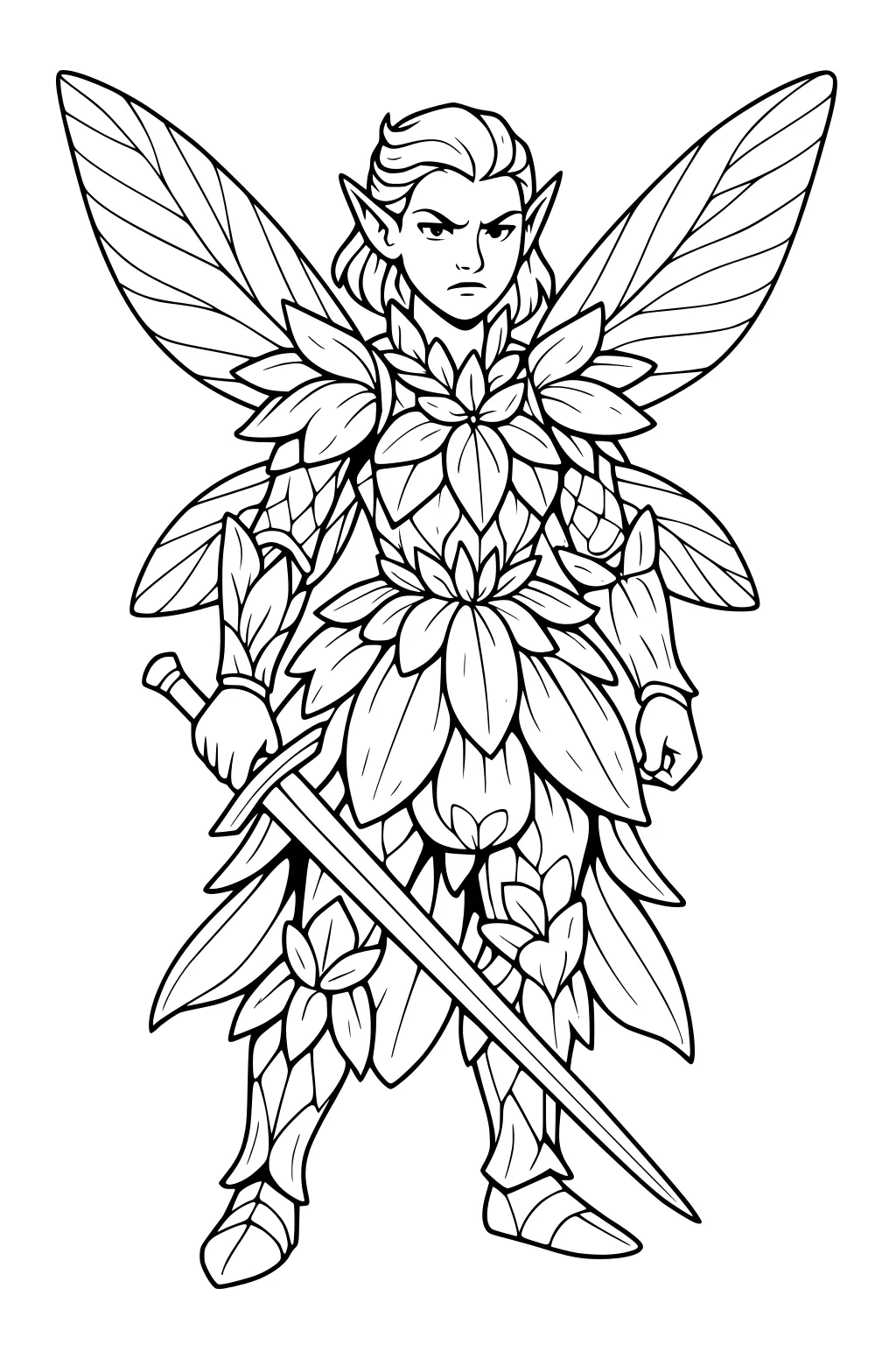 Male fairy warrior in leaf armor with large veined wings holding a sword, front view line art.