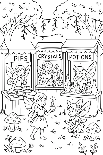 Free Fairy Market Coloring Page - Enchanted Forest Stalls (Printable PDF)