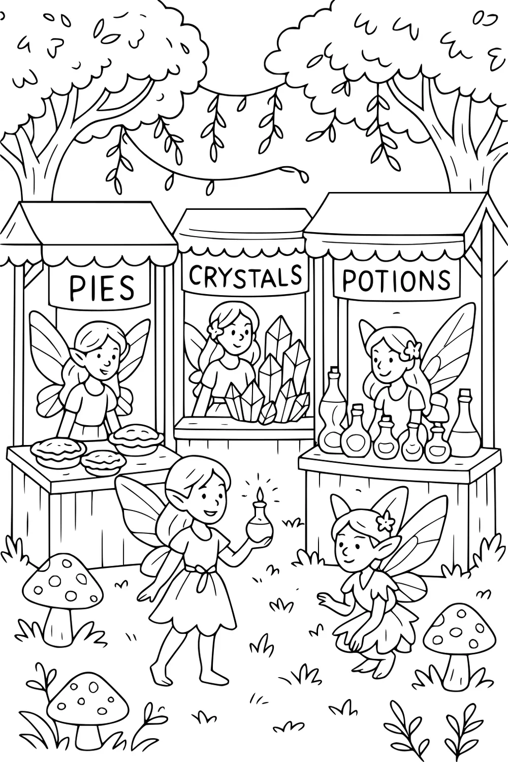 Forest market with fairies at pies, crystals, and potions stalls; one girl carries a tiny bottle while another kneels; trees and mushrooms.