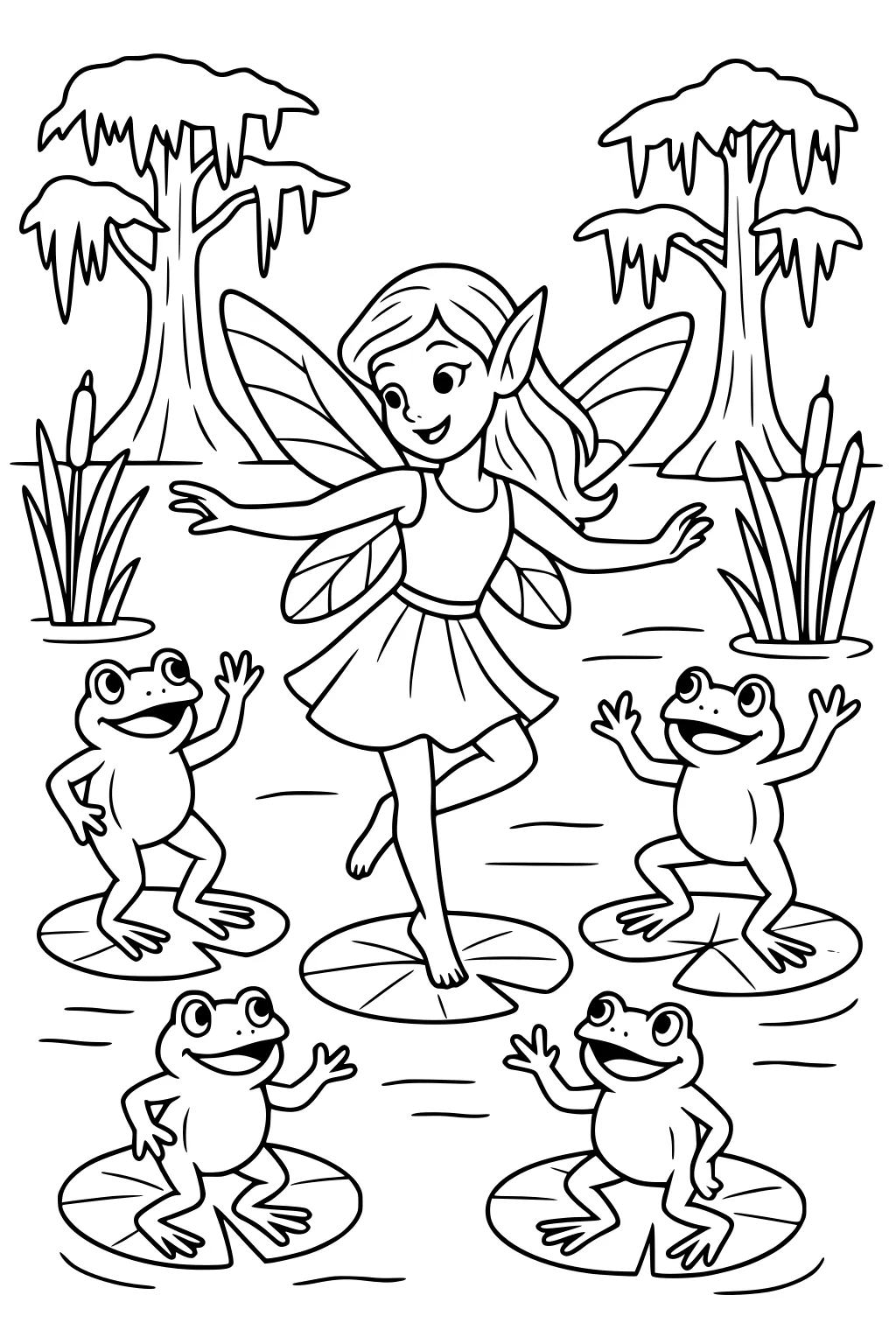Smiling fairy girl dances on a lily pad with five frogs on pads, cattails and mossy trees around a calm pond.