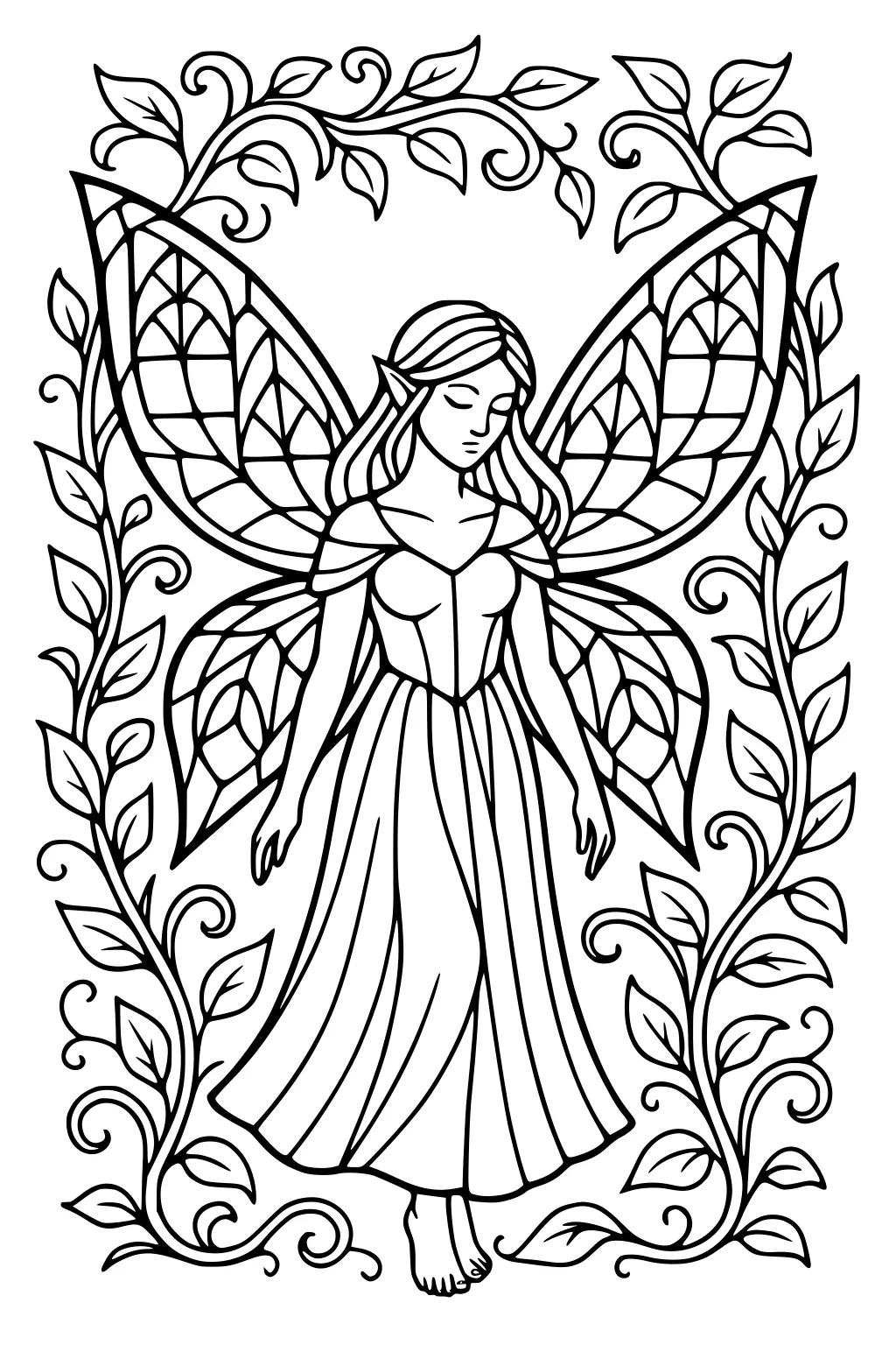 Fairy girl with patterned wings and long dress framed by curling leafy vines, eyes closed, barefoot, pointed ears.